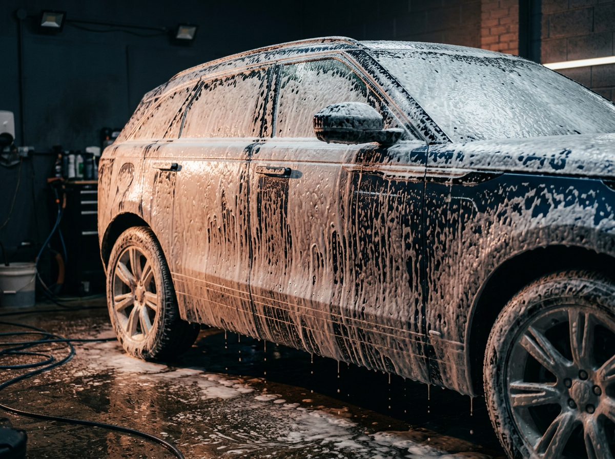 A vehicle covered in thick snow foam during a Blue Motion exterior wash