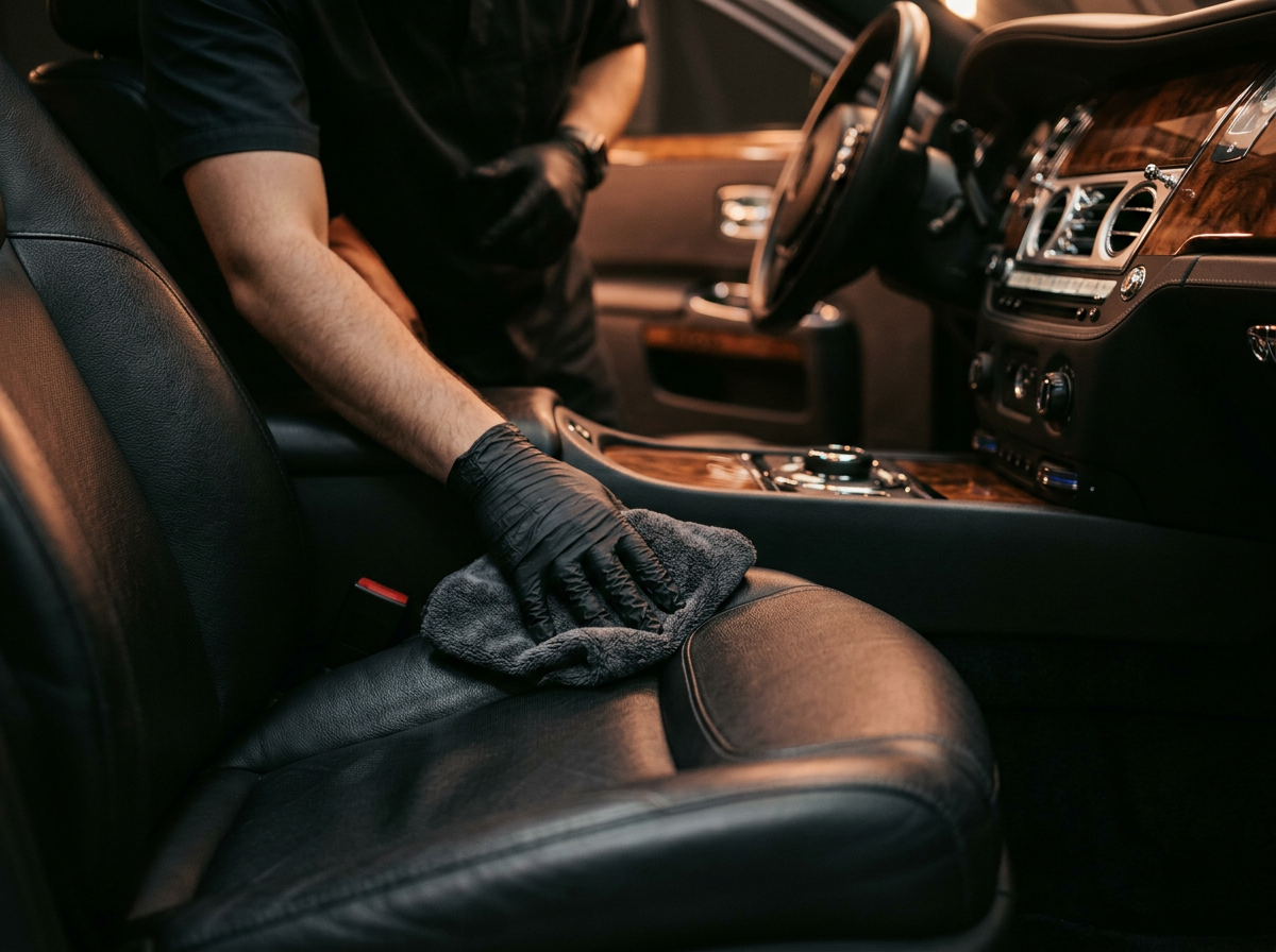 Hand polishing premium black leather seat
