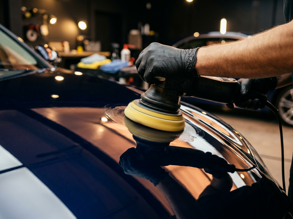 Dual-action polisher correcting deep navy paint